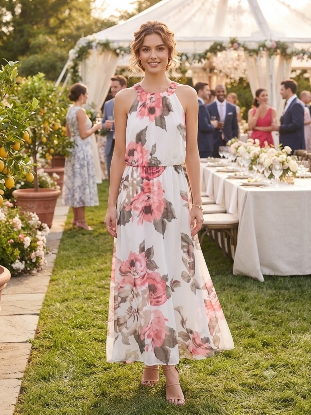 Robbie Bee White Maxi Dress with Pink Floral Halter